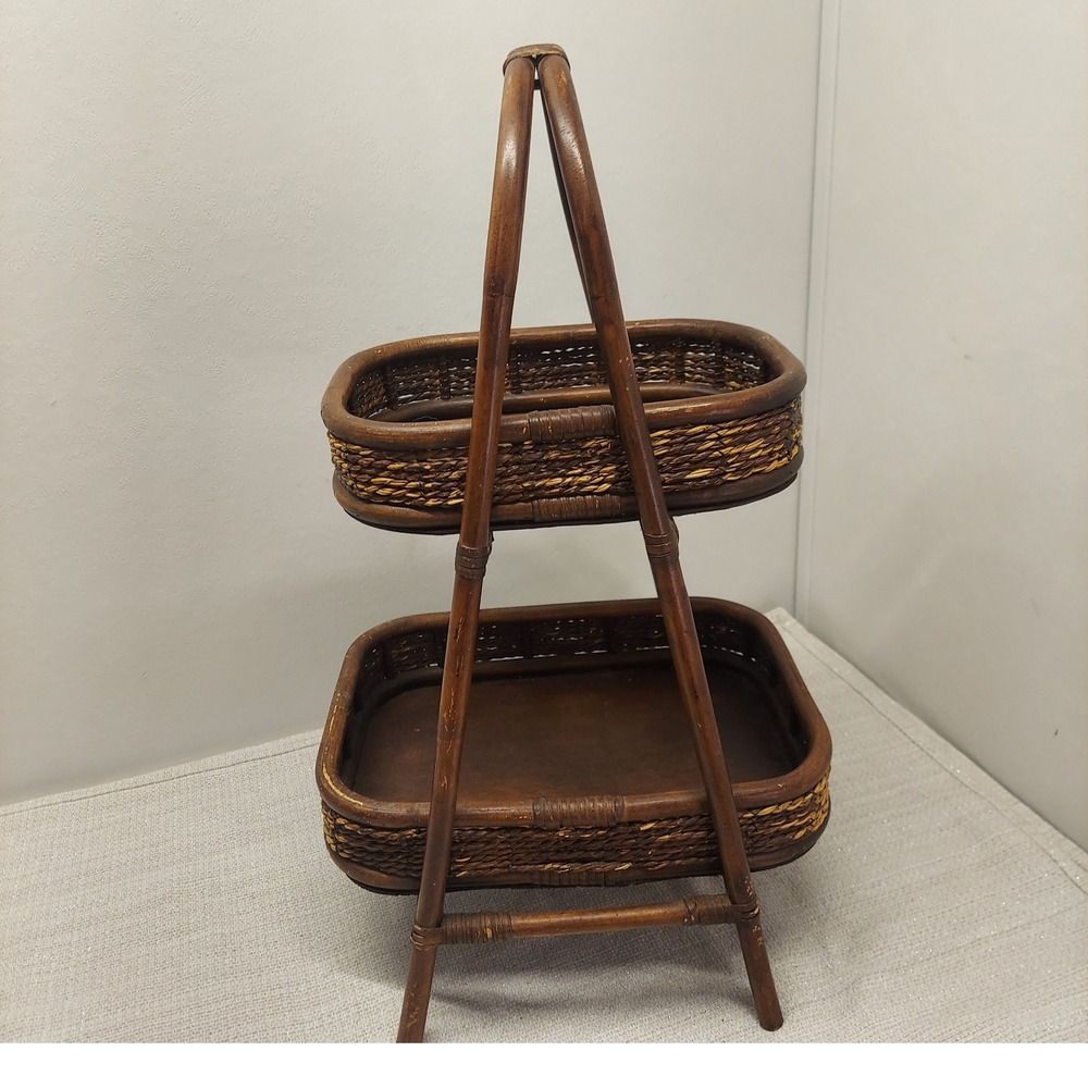 Vintage Dark Brown Bamboo Wicker Rattan 2-Tier Serving Stand MCM Boho